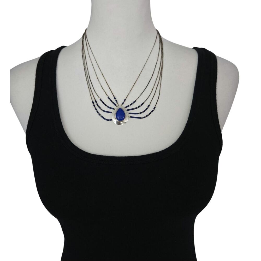 Vtg Southwestern Liquid Sterling Silver Bead Necklace Lapis Lazuli Pendant Bib